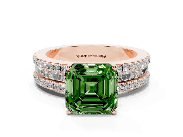 Fancy Green Asscher Cut Diamond Solitaire Ring with Pavé and Channel Set Band Rose gold
