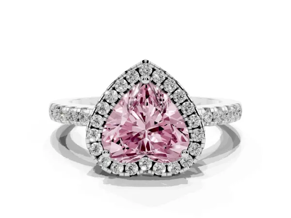 Fancy Pink Heart Cut Halo Diamond Engagement Ring with Pavé Band and Four-Prong Setting Platinum