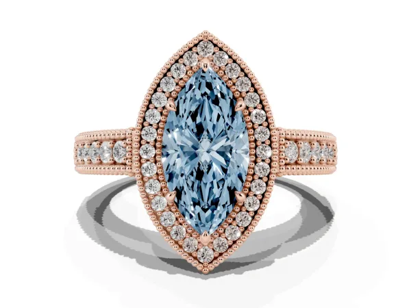 Fancy Blue Marquise Cut Cut Halo Diamond Ring with Pavé Band and Four-Prong Setting Rose gold