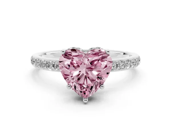 Fancy Pink Heart Cut Diamond Solitaire Ring with Pavé Band and Hidden Halo Platinum
