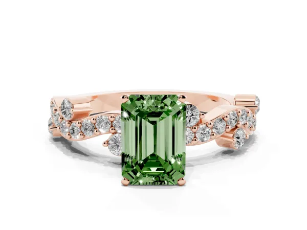 Fancy Green Emerald Cut Cut Solitaire Diamond Twisted Band with Pave Setting Rose gold