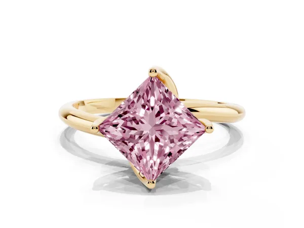 Fancy Pink Princess Cut Diamond Solitaire Engagement Ring with Four-Prong Setting and Classic Band Yellow gold