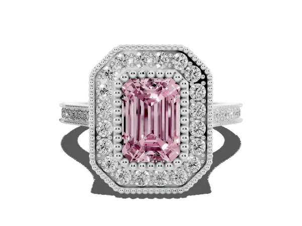 Fancy Pink Emerald Cut Diamond Halo Ring with Milgrain Frame and Pavé Band Platinum