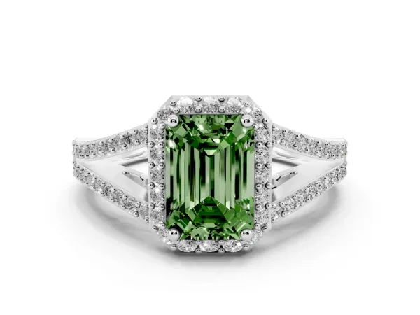 Fancy Green Emerald Cut Halo Split Shank Diamond Ring with Prong Setting Platinum