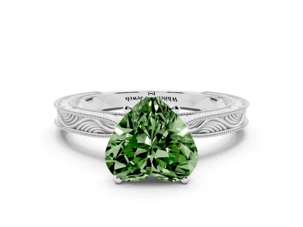 Fancy Green Heart Cut Solitaire Milgrain Engraved Band with Four-Prong Setting Platinum