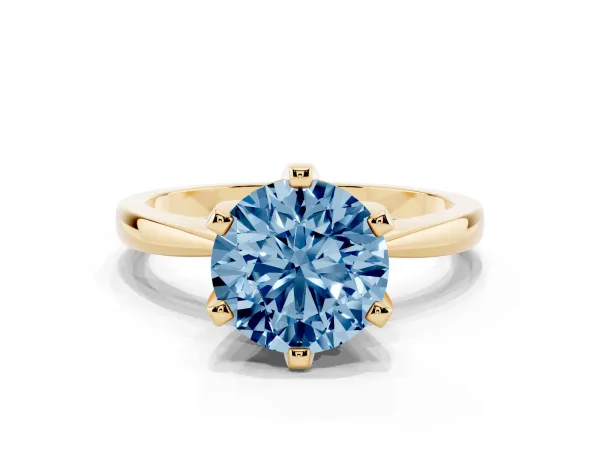 Fancy Blue Round Cut Solitaire Engagement Ring with Six-Prong Setting and Tapered Band Yellow gold