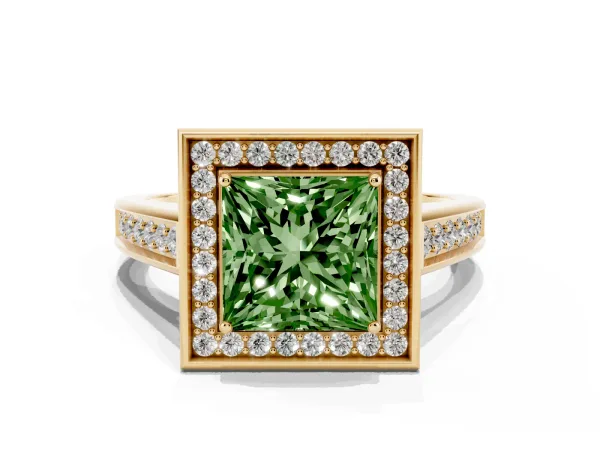 Fancy Green Princess Cut Halo Solitaire Diamond Ring with Pave Band and Bezel Setting Yellow gold