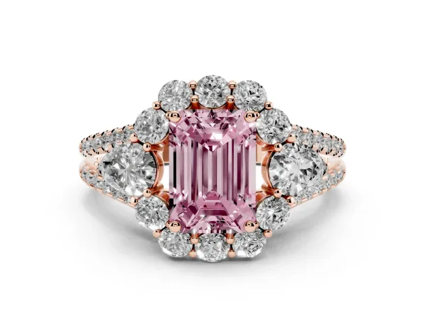 Fancy Pink Emerald Cut Halo Split Shank Diamond Engagement Ring with Prong Setting Rose gold