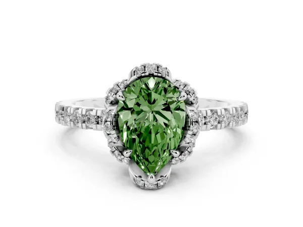 Fancy Green Pear Cut Halo Diamond Pave Band Ring with Four-Prong Setting White gold
