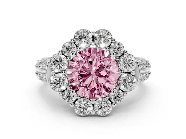 Fancy Pink Round Cut Halo Diamond Engagement Ring with Split Shank and Prong Setting Platinum