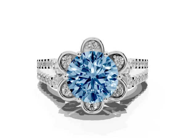 Fancy Blue Round Cut Halo Diamond Floral Split Shank Engagement Ring White gold