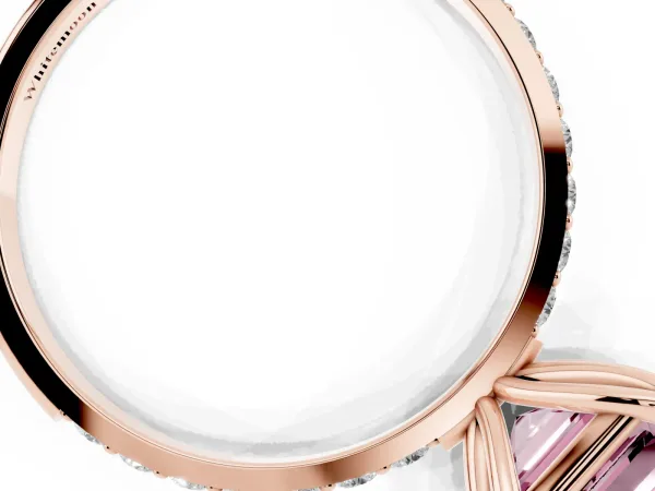Fancy Pink Asscher Cut Diamond Solitaire Engagement Ring with Round Pavé Band and Prong Setting Rose gold