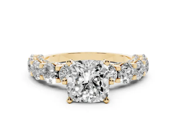 Cushion Cut Diamond Side Stone Engagement Ring with Four-Prong Setting Yellow gold