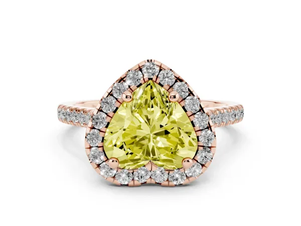 Fancy Yellow Heart Cut Diamond Cushion Halo Ring with Pavé Band Rose gold