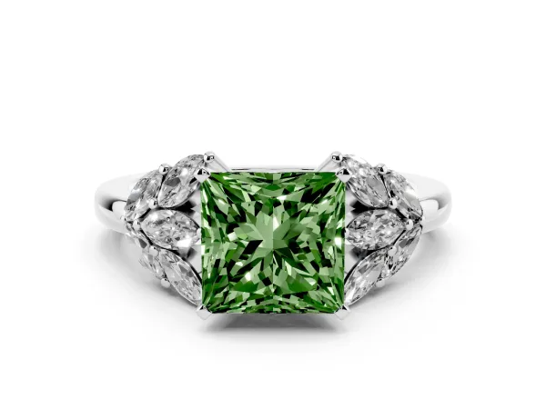 Fancy Green Princess Cut Diamond Cluster Leaf Design Ring with Prong Setting White gold