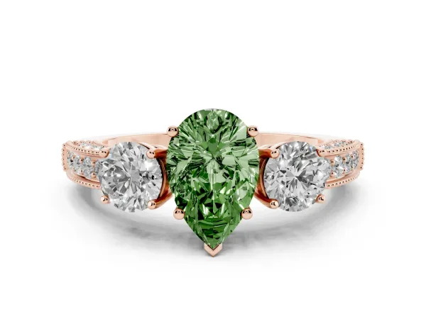 Fancy Green Pear Cut Three-Stone Diamond Ring with Pavé Band and Four-Prong Setting Rose gold