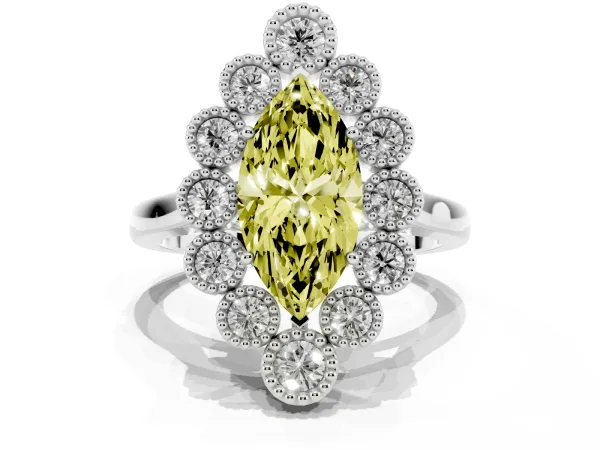 Fancy Yellow Marquise Cut Halo Diamond Cluster Engagement Ring with Milgrain Bezel Setting and Solitaire Band Platinum