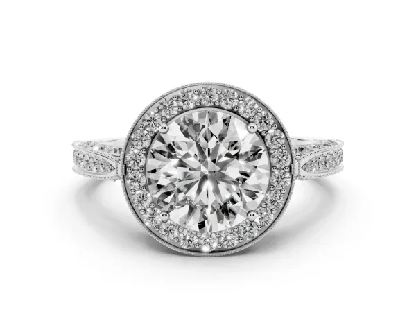 Round Cut Halo Diamond Engagement Ring with Split Shank Band and Four-Prong Setting Platinum