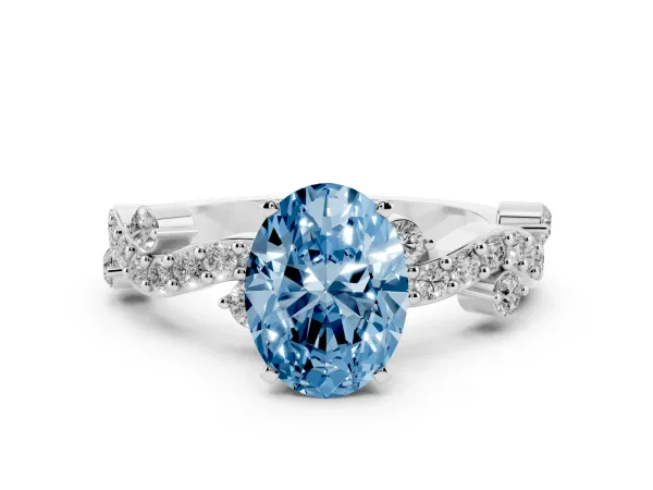 Fancy Blue Oval Cut Cut Solitaire Diamond Twisted Band with Pave Setting Platinum