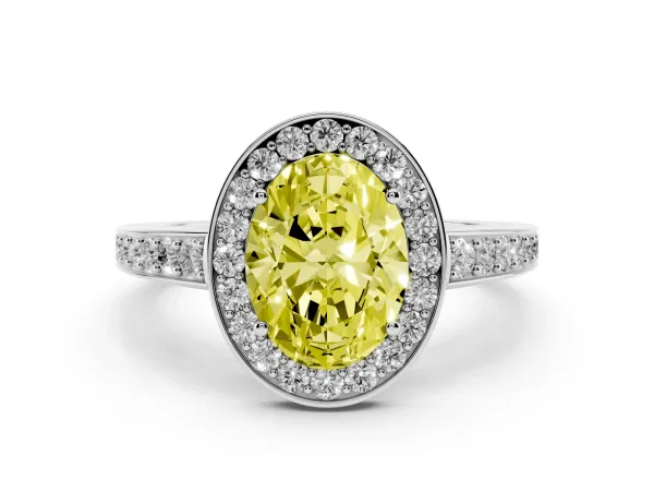Fancy Yellow Oval Cut Halo Pavé Diamond Engagement Ring with Bezel Setting White gold