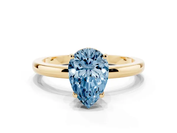 Fancy Blue Pear Cut Solitaire Diamond Ring with Prong Setting and Plain Band Yellow gold