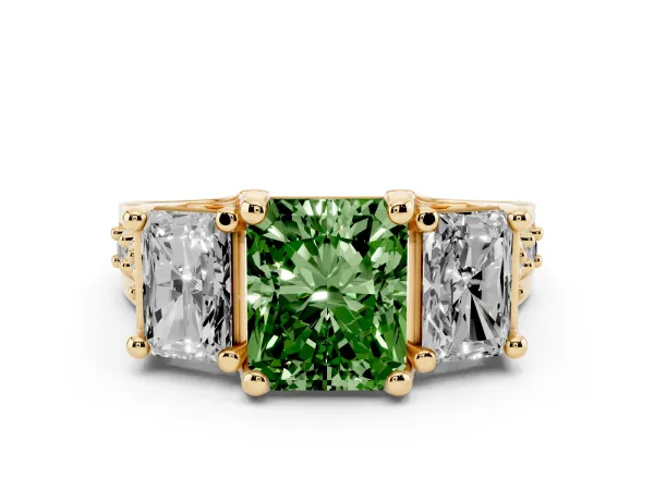 Fancy Green Radiant Cut Diamond Three-Stone Ring with Channel Set Band and Four-Prong Setting Yellow gold