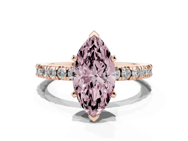 Fancy Pink Marquise Cut Diamond Pavé Band Solitaire with Four-Prong Setting Rose gold