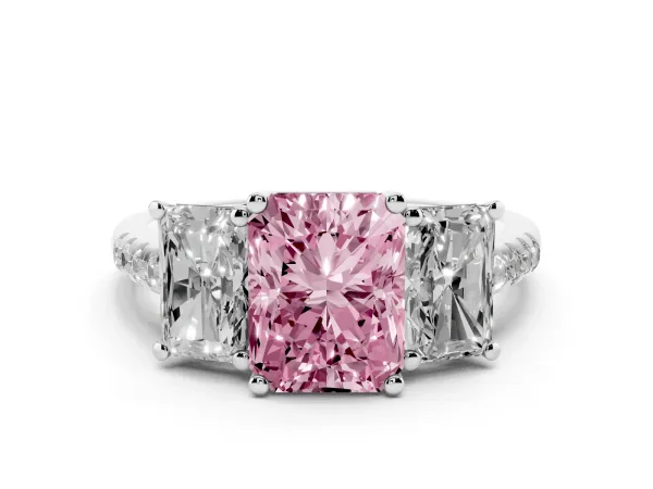Fancy Pink Three-Stone Radiant Cut Diamond Ring with Round Pavé Band and Prong Setting White gold