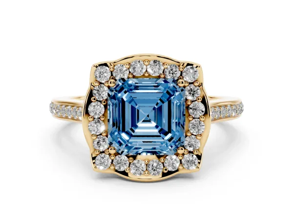 Fancy Blue Asscher Cut Halo Round Diamond Pave Band with Four-Prong Setting Yellow gold