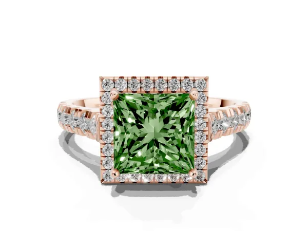 Fancy Green Princess Cut Halo Pavé Diamond Engagement Ring with Four-Prong Setting Rose gold