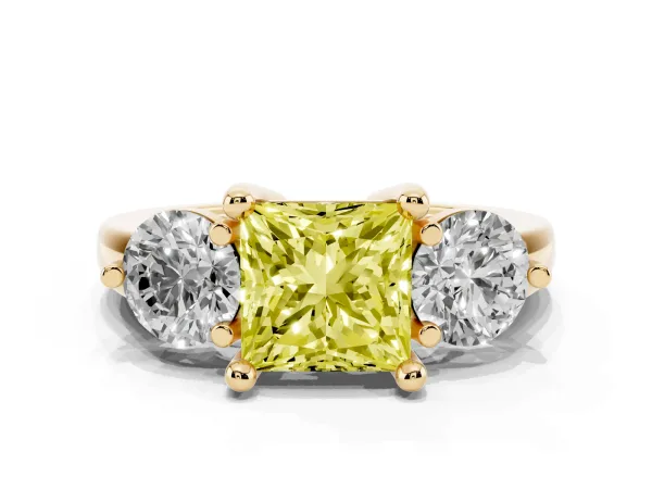 Fancy Yellow Three-Stone Princess Cut Brilliant Cut Solitaire Ring with Prong Setting on a Classic Band Yellow gold