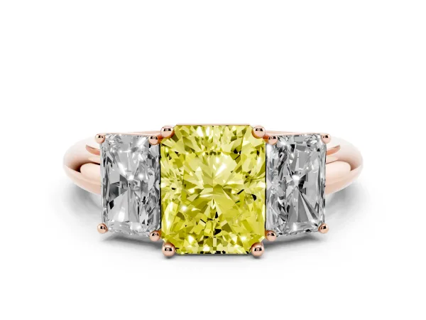 Fancy Yellow Three-Stone Radiant Cut Cut Diamond Engagement Ring with Prong Setting on a White Gold Band Rose gold