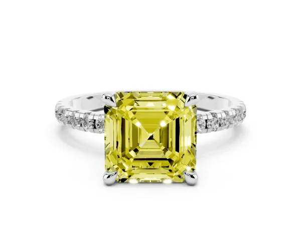 Fancy Yellow Asscher Cut Diamond Brilliant Solitaire Ring with Pavé Band and Four-Prong Setting Platinum