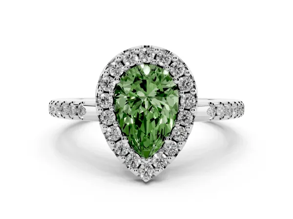 Fancy Green Pear Cut Diamond Pavé Halo Ring with Four-Prong Setting White gold