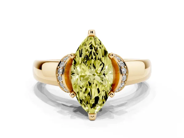 Fancy Yellow Marquise Cut Solitaire Diamond Ring with Pave Band and Six-Prong Setting Yellow gold
