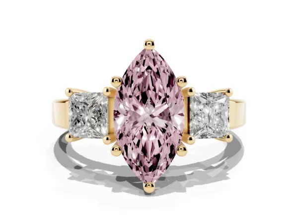 Fancy Pink Three-Stone Marquise Cut Cut Solitaire Ring with Prong Setting Yellow gold