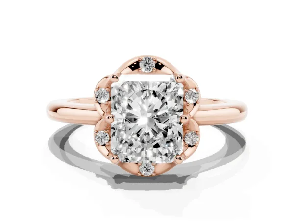 Radiant Cut Halo Diamond Ring with Round Cluster Setting, Solitaire Band, and Four-Prong Setting Rose gold