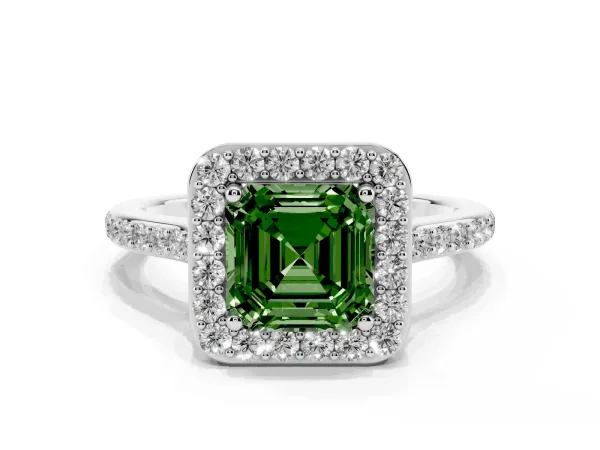 Fancy Green Asscher Cut Diamond Halo Engagement Ring with Round Pavé Shoulders and Prong Setting Platinum