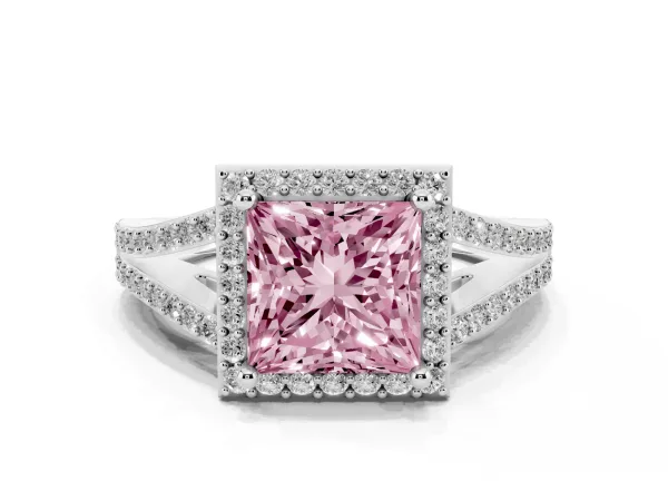Fancy Pink Princess Cut Halo Split Shank Diamond Ring with Prong Setting Platinum