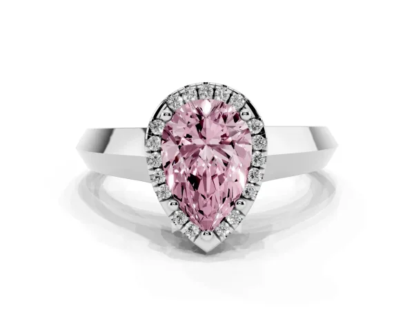 Fancy Pink Pear Cut Halo Diamond Ring with Cathedral Band and Four-Prong Setting Platinum