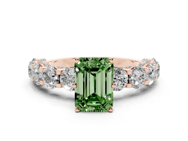 Fancy Green Emerald Cut Diamond Side Stone Engagement Ring with Four-Prong Setting Rose gold