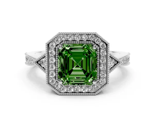 Fancy Green Asscher Cut Halo Round Diamond Milgrain Pave Engagement Ring White gold
