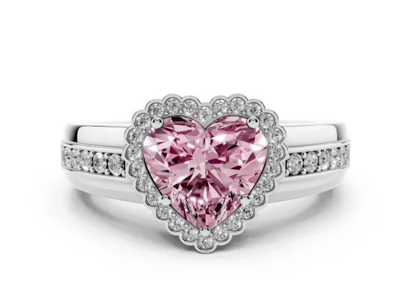 Fancy Pink Heart Cut Cut Halo Pave Band Four-Prong Ring Platinum
