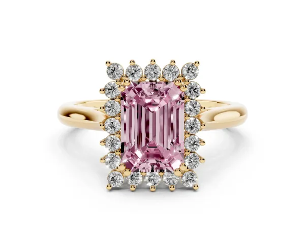 Fancy Pink Emerald Cut Cut Diamond Halo Ring with Solitaire Band and Prong Setting Yellow gold