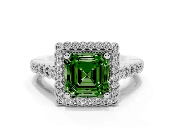Fancy Green Asscher Cut Cut Halo Pavé Solitaire Ring with Milgrain Band Platinum