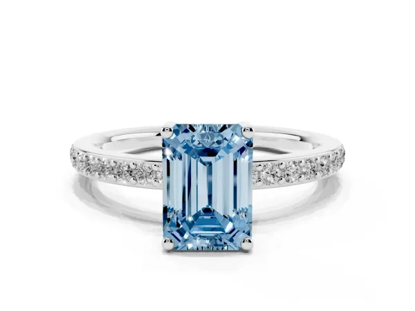 Fancy Blue Emerald Cut Cut Diamond Pavé Band Ring with Four-Prong Setting White gold