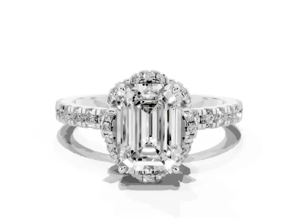 Emerald Cut Diamond Halo Pave Band with Four-Prong Setting Platinum