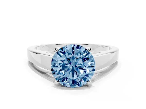 Fancy Blue Round Cut Solitaire Engagement Ring with Four-Prong Setting and Tapered Band Platinum