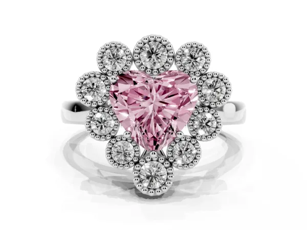 Fancy Pink Heart Cut Halo Diamond Cluster Engagement Ring with Milgrain Bezel Setting and Solitaire Band Platinum