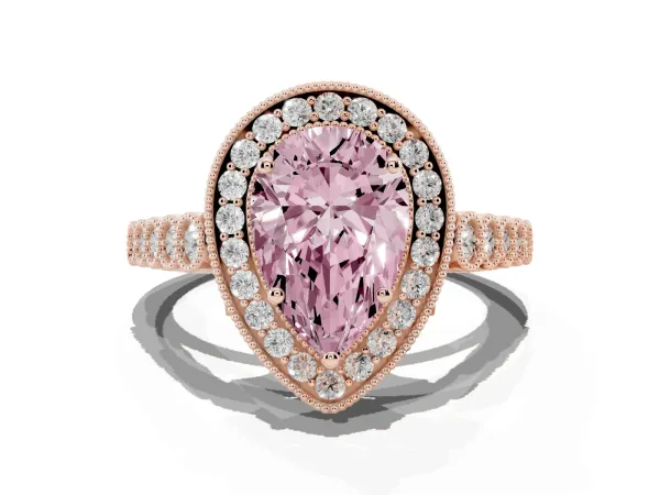 Fancy Pink Pear Cut Halo Twist Band Solitaire Ring with Six-Prong Setting Rose gold